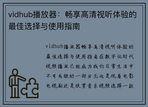 vidhub播放器：畅享高清视听体验的最佳选择与使用指南